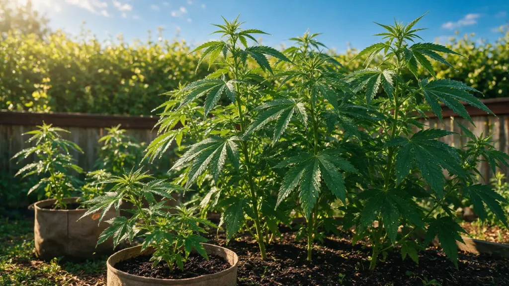 Outdoor Cannabis Anbau im Garten mit reifen Pflanzen