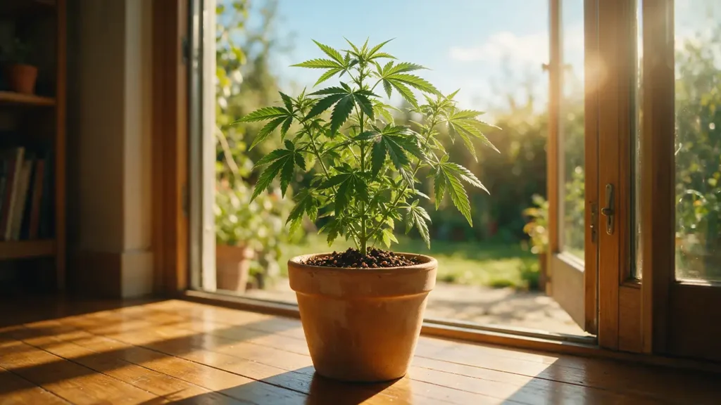 Cannabis Pflanze zwischen Indoor- und Outdoor-Standort
