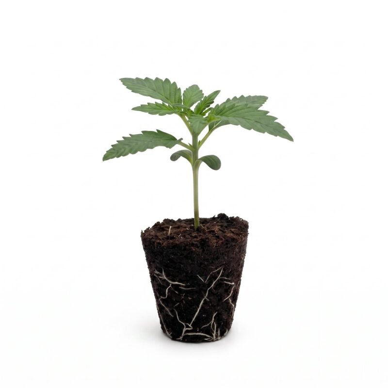 Amnesia Haze Autoflower Sämling im Jiffy mit Wurzeln (KI-Symbolbild)