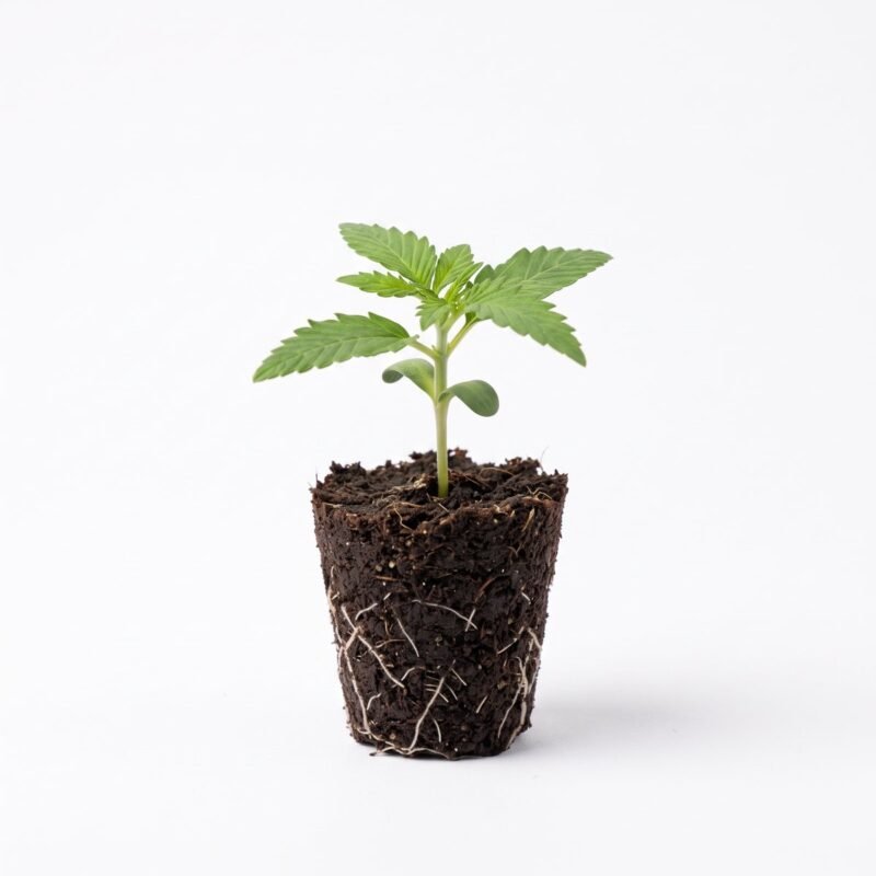 Cinderella Jack Autoflower Sämling im Jiffy mit Wurzeln (KI-Symbolbild)
