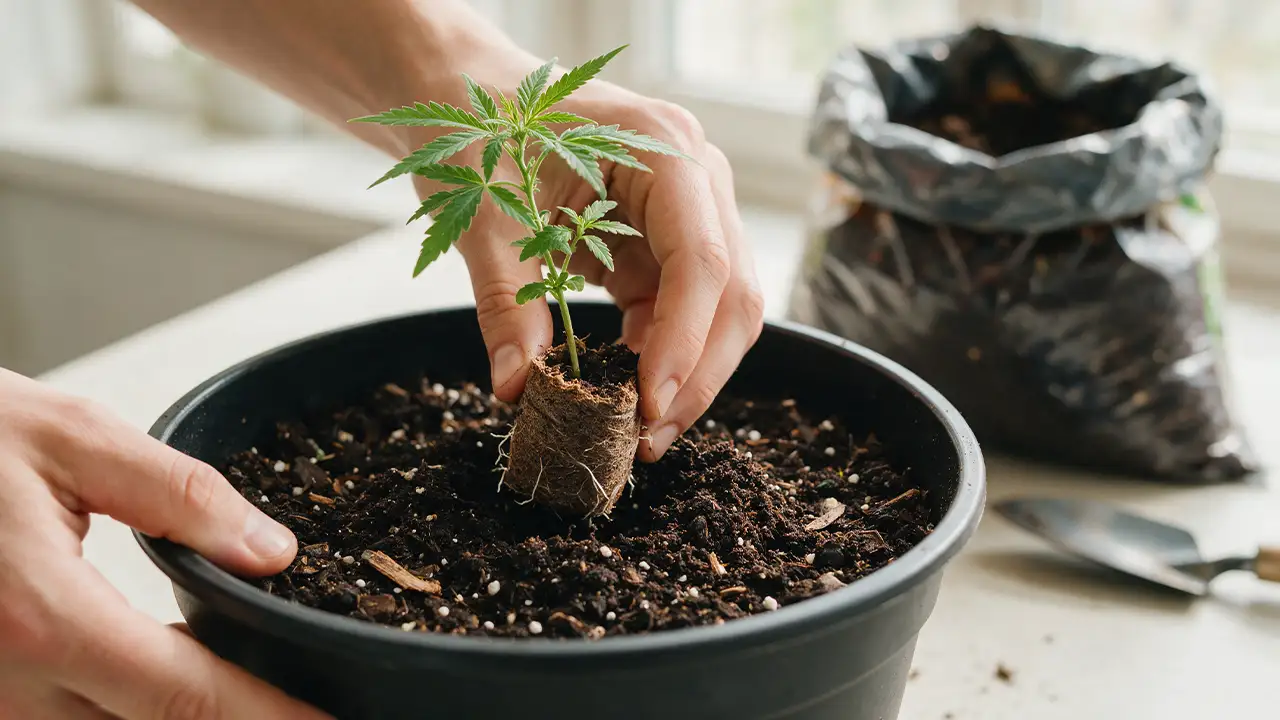 Cannabis Steckling im Erd-Jiffy in den Topf einsetzen