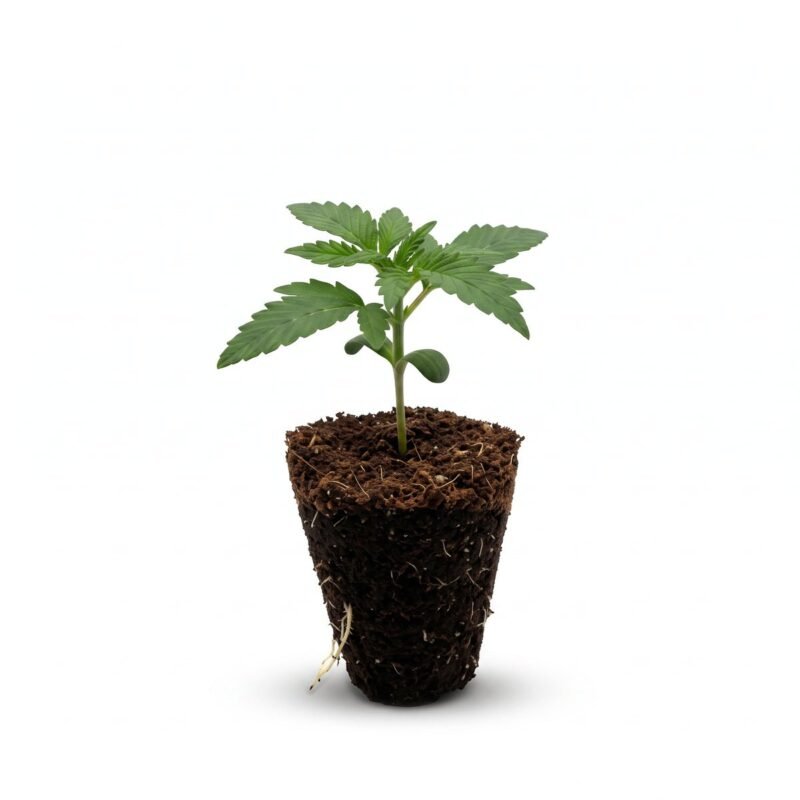 Gorilla Zkittlez Autoflower Sämling im Jiffy mit Wurzeln (KI-Symbolbild)