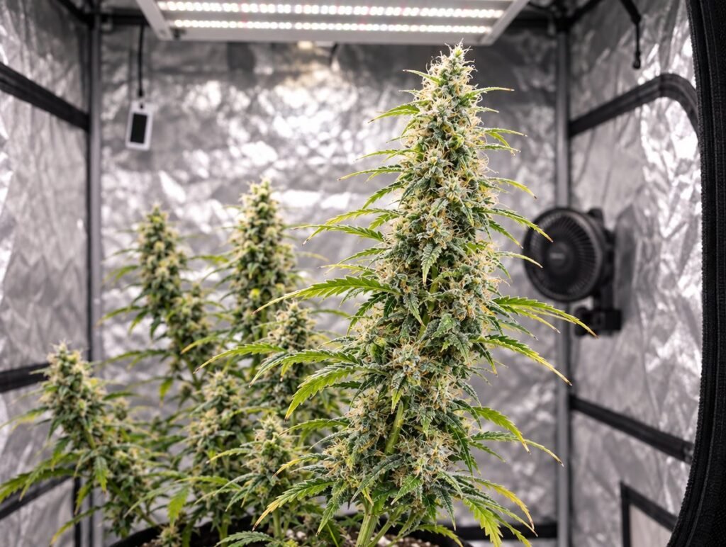 Amnesia Haze Autoflower Cannabispflanze in der Blüte unter LED-Licht (KI-Symbolbild)