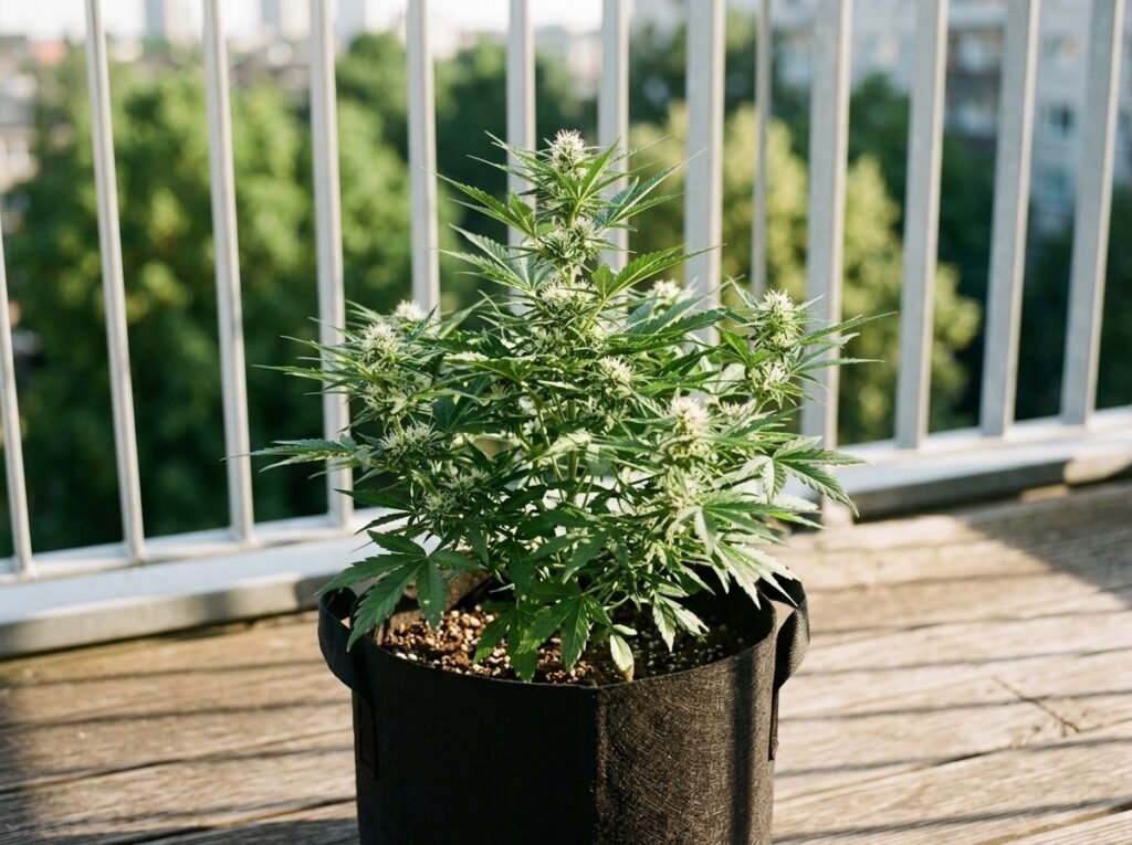 Kompakte Autoflower-Pflanze in der Blüte im Stofftopf auf dem Balkon (KI-Symbolbild)