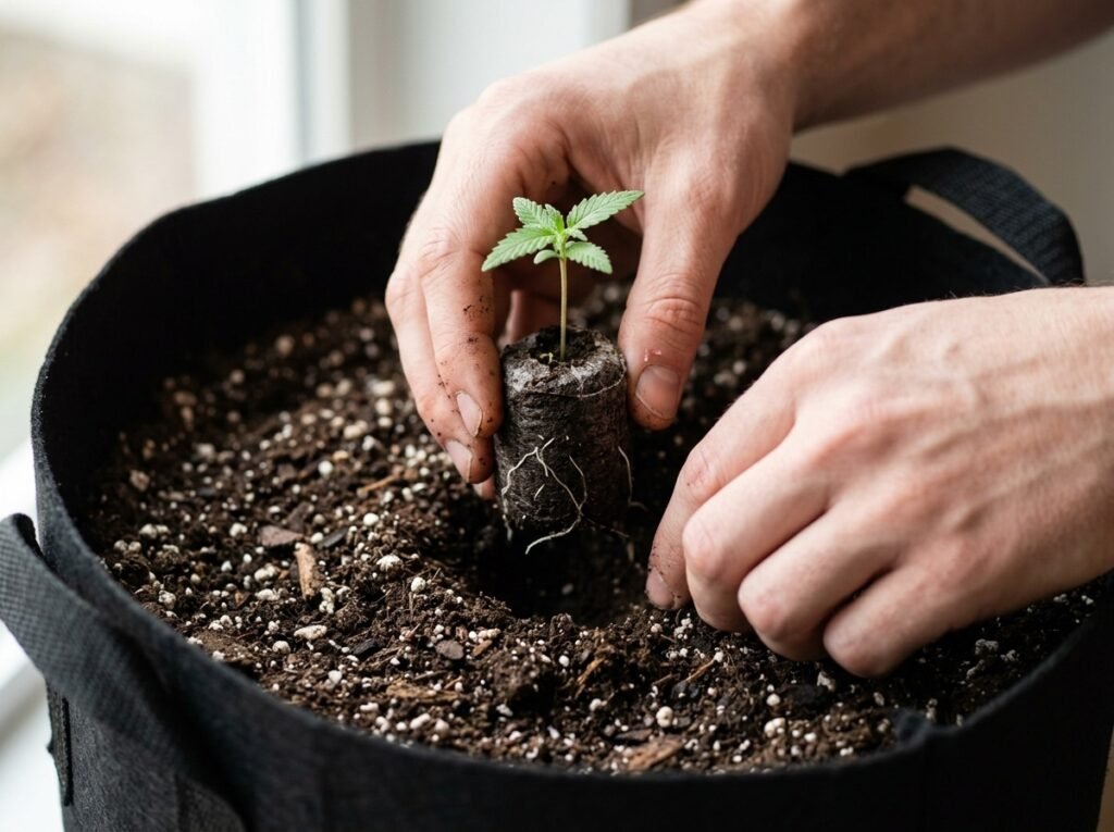 Autoflower-Sämling wird direkt in einen Stofftopf mit Erde gesetzt (KI-Symbolbild)