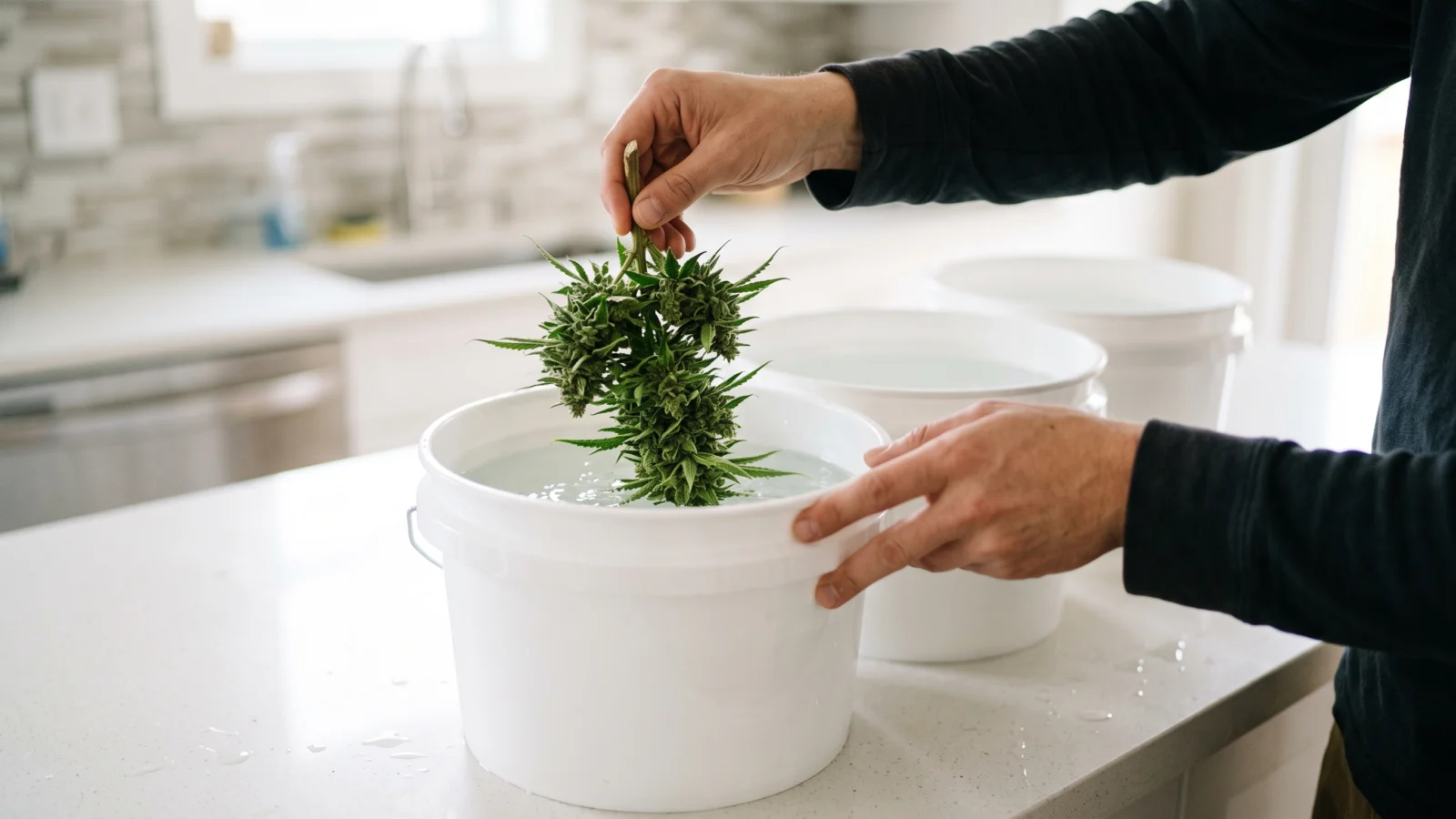 Budwashing: Cannabis-Blüte wird im Wassereimer gewaschen