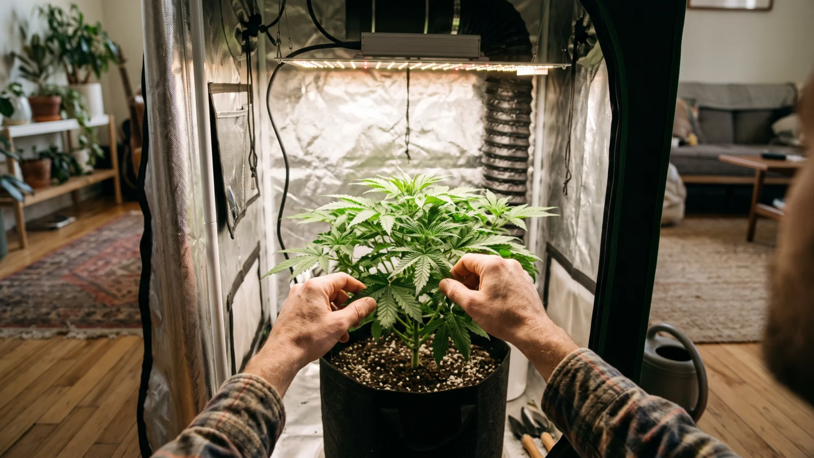 Cannabis Eigenanbau: Pflanze im Growzelt wird kontrolliert