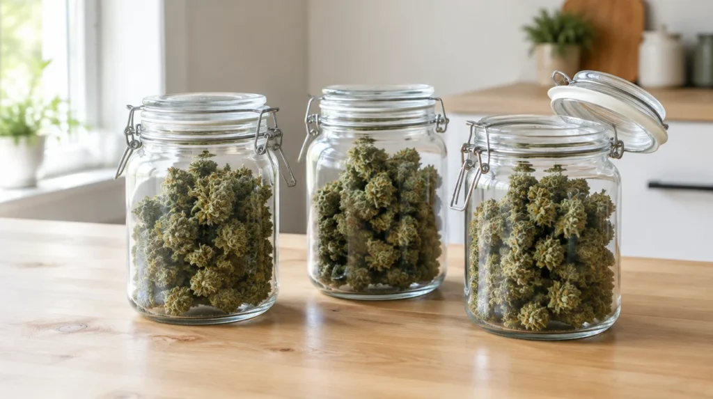 Getrocknete Cannabis Blüten in drei Einmachgläsern zum Fermentieren