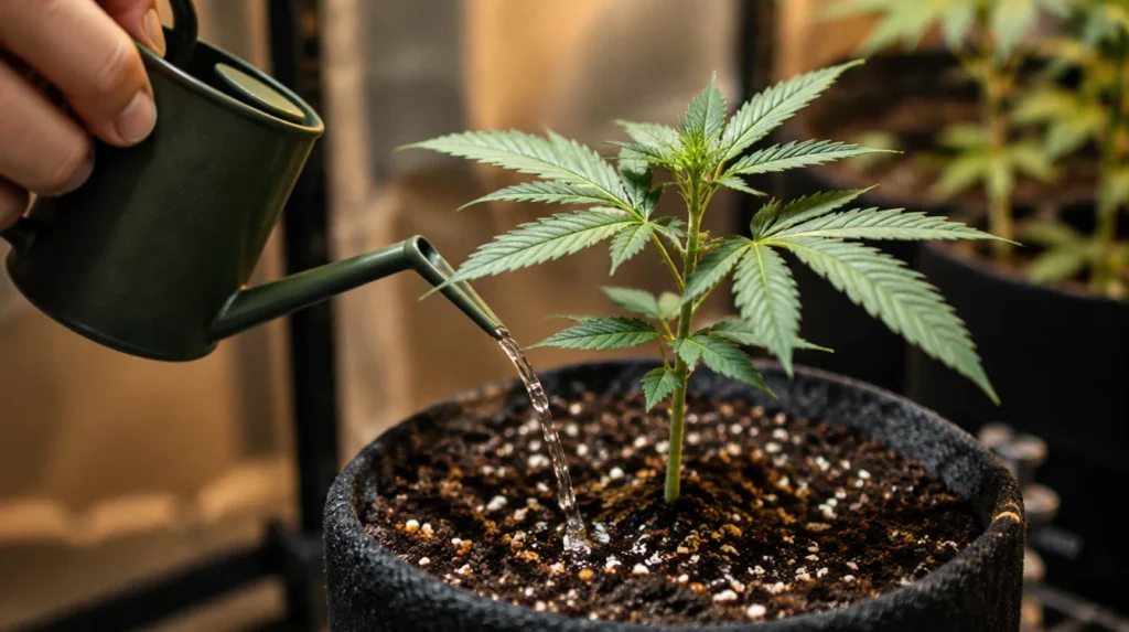 Cannabis Sämling wird vorsichtig mit einer kleinen Gießkanne gegossen