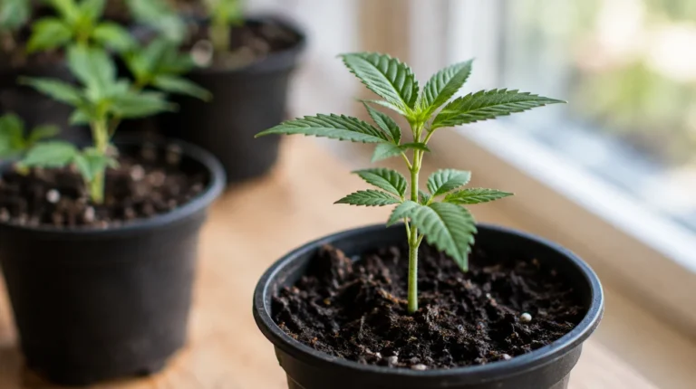 Cannabis Sämling im Topf auf der Fensterbank