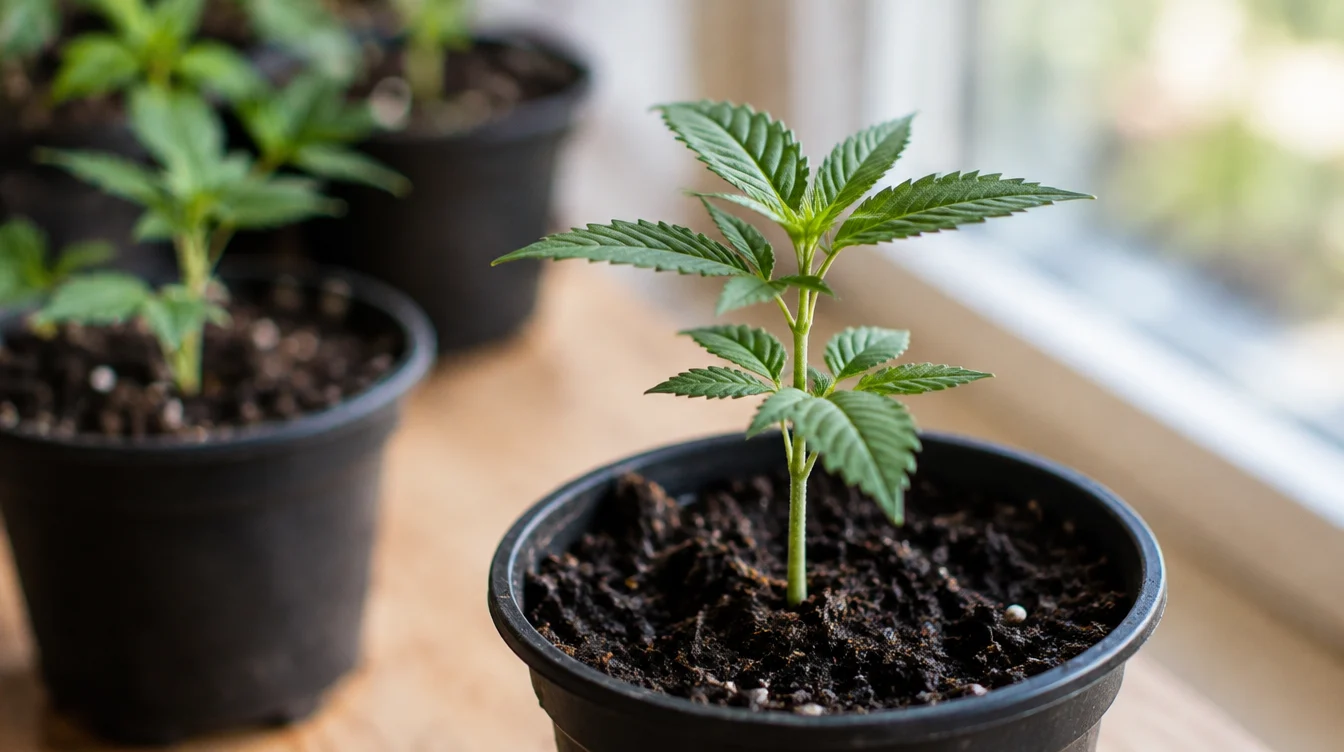 Cannabis Sämling im Topf auf der Fensterbank