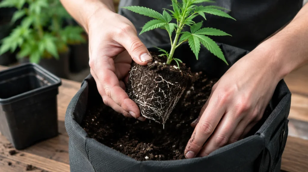 Cannabis Sämling mit Wurzelballen wird in einen Stofftopf umgetopft