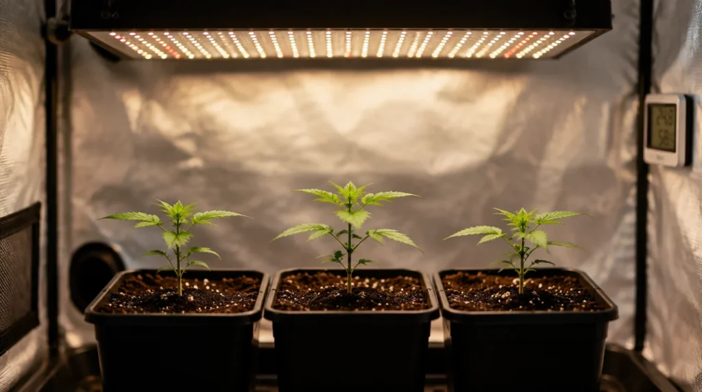Drei Cannabis Sämlinge im Growzelt unter einer LED-Lampe