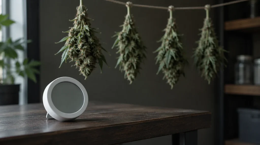 Digitales Thermo-Hygrometer vor trocknenden Cannabis Zweigen