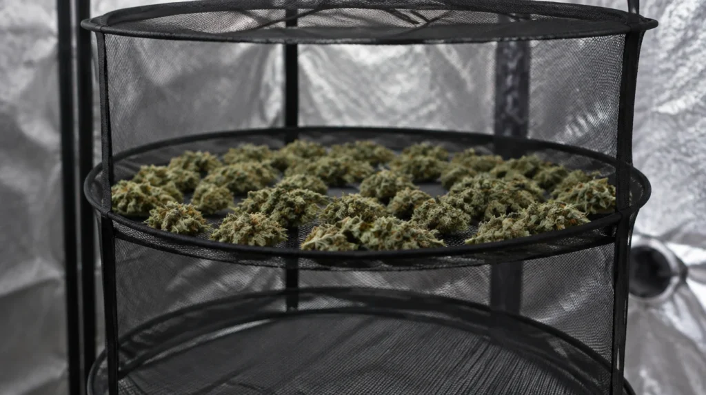 Getrimmte Cannabis Blüten liegen zum Trocknen auf einem Trockennetz im Growzelt