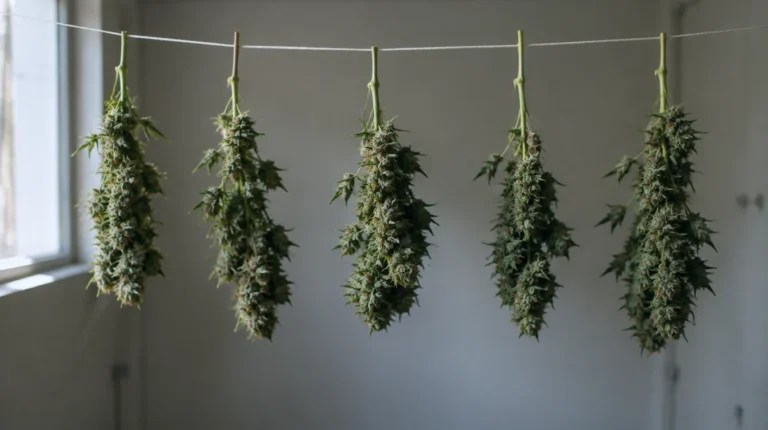 Cannabis trocknen: Zweige hängen kopfüber an einer Leine im dunklen Raum