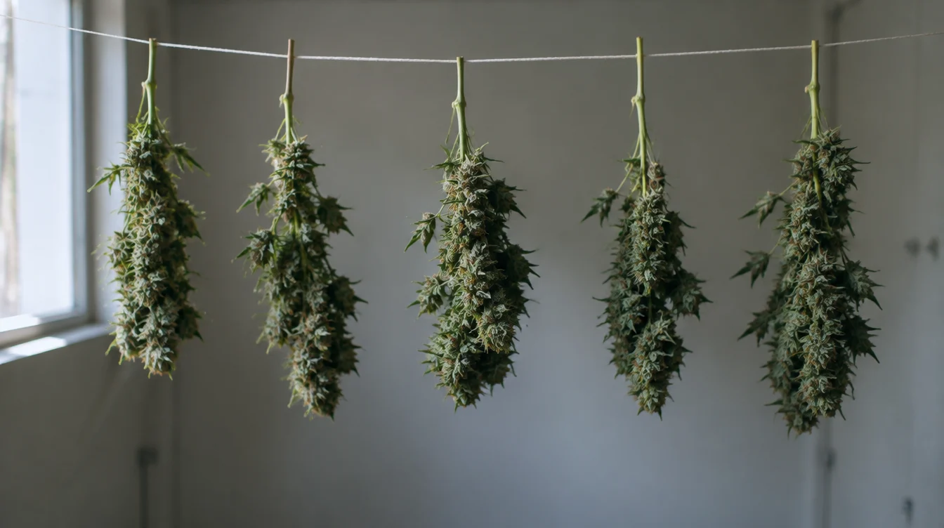 Cannabis trocknen: Zweige hängen kopfüber an einer Leine im dunklen Raum