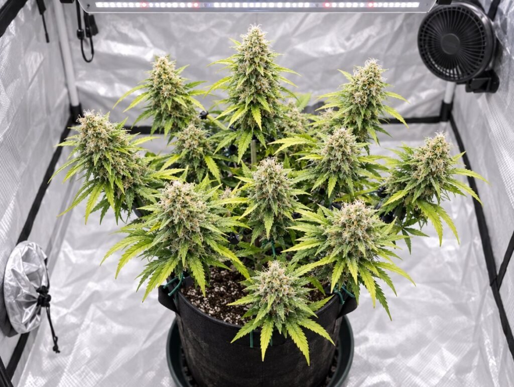 Cinderella Jack Autoflower Cannabispflanze in der Blüte unter LED-Licht (KI-Symbolbild)