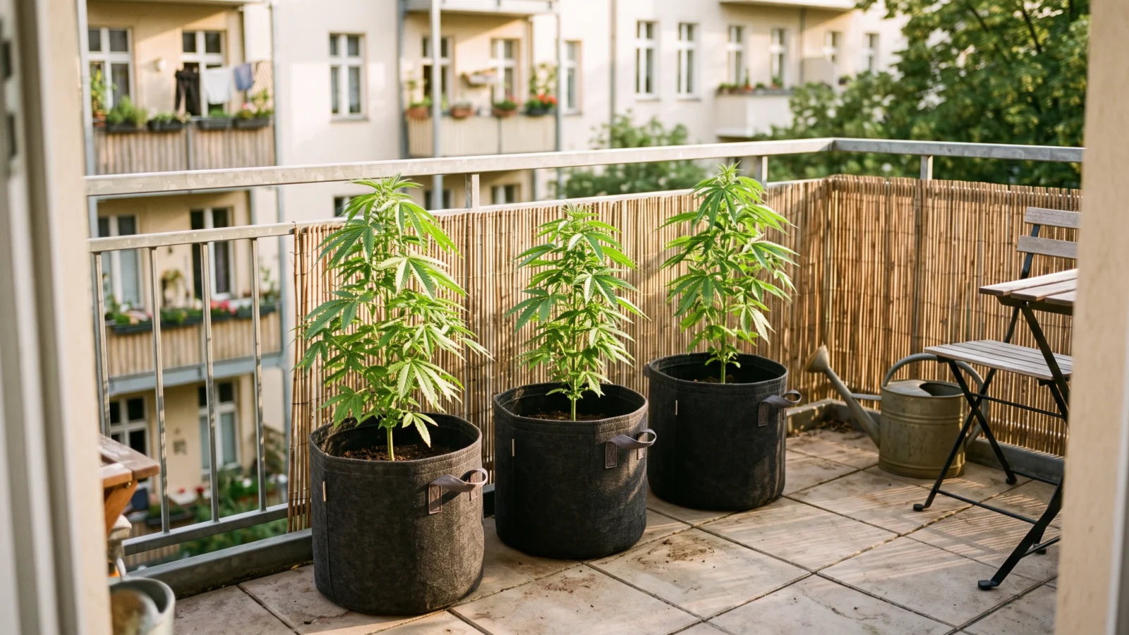 Cannabis Stecklinge legal: drei Cannabispflanzen auf dem Balkon, erlaubt nach KCanG