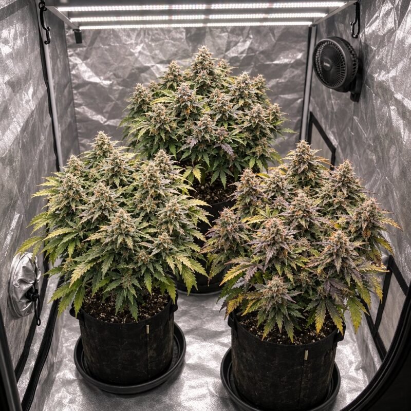 Die drei Pflanzen aus dem Express Autoflower Set gemeinsam in einer Growbox, gleich hoch und gleichzeitig erntereif (KI-Symbolbild)