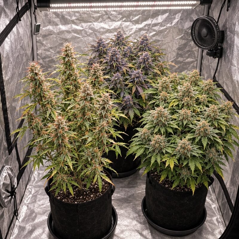 Die drei Pflanzen aus dem Fruity Autoflower Set gemeinsam in einer Growbox (KI-Symbolbild)