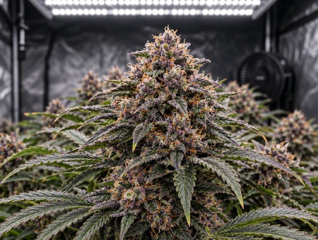 Gorilla Zkittlez Autoflower Cannabispflanze in der Blüte unter LED-Licht (KI-Symbolbild)