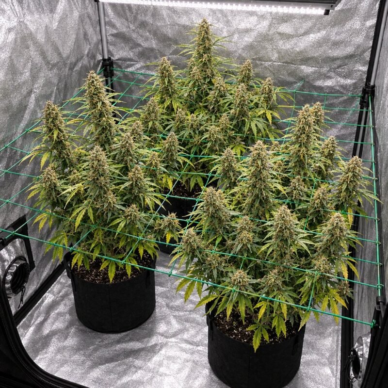 Die drei Pflanzen aus dem Haze Steckling Set gemeinsam in einer Growbox, gleich hoch und gleichzeitig erntereif (KI-Symbolbild)