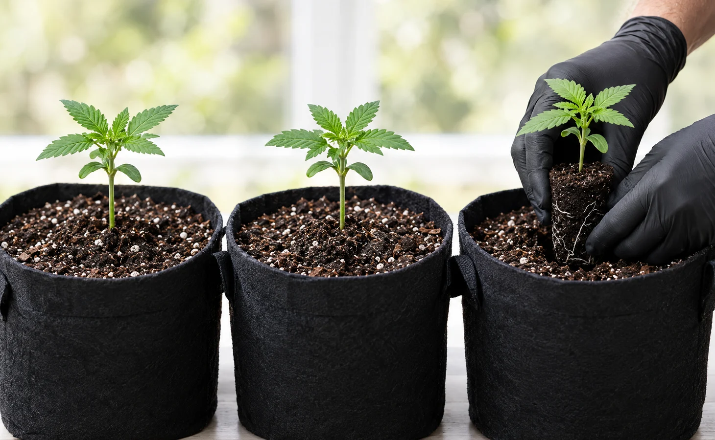 Drei Stofftöpfe, ein Autoflower-Sämling wird gerade eingesetzt