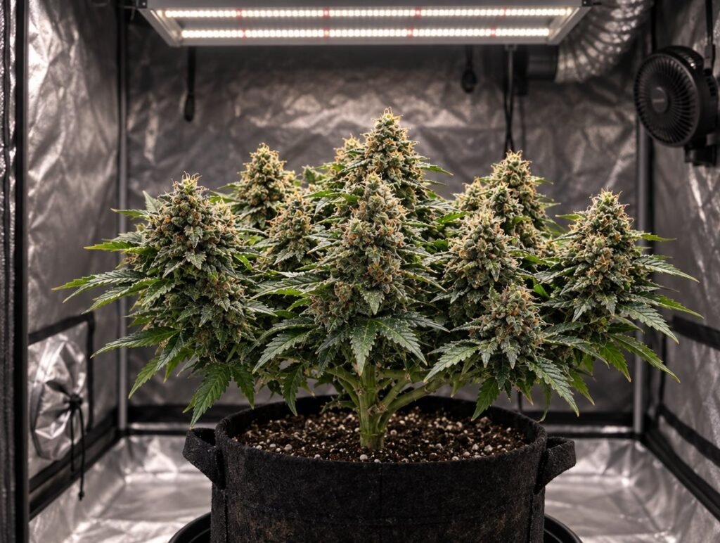 Mazar Autoflower Cannabispflanze in der Blüte unter LED-Licht (KI-Symbolbild)