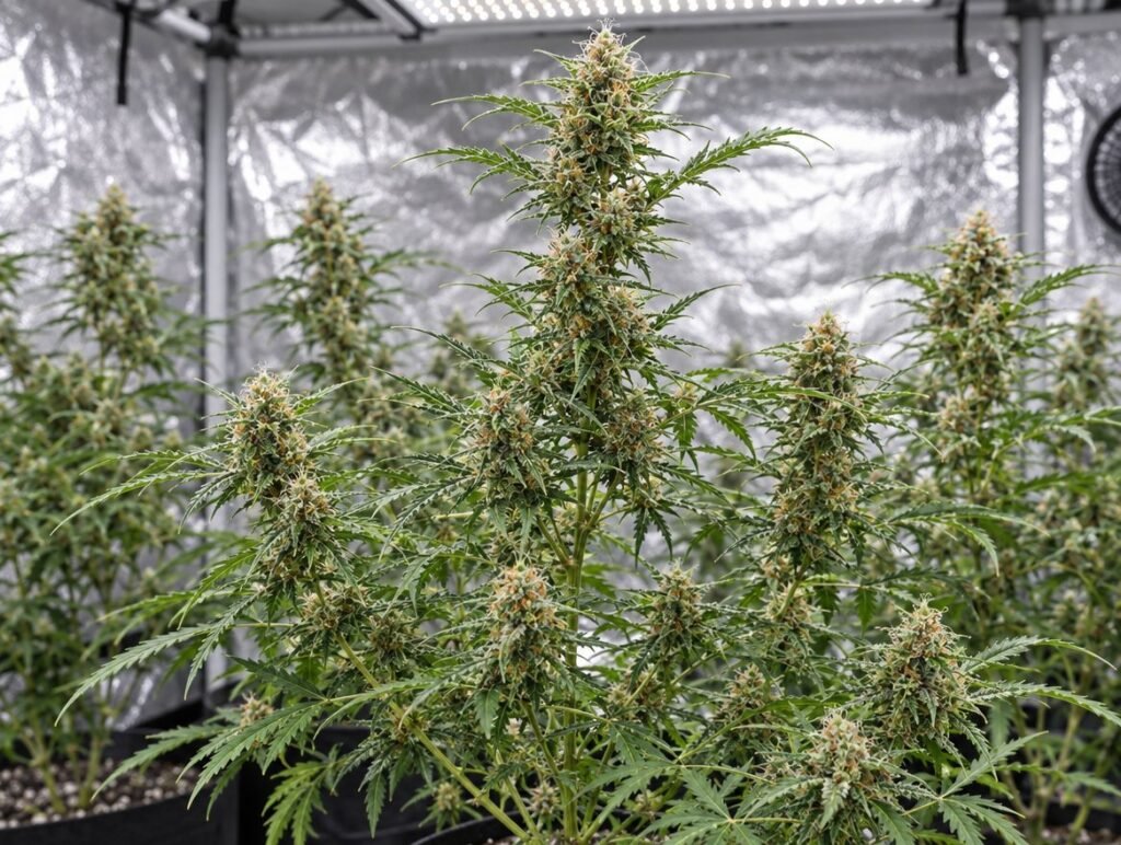Supafreak Cannabispflanze in der Blüte unter LED-Licht (KI-Symbolbild)